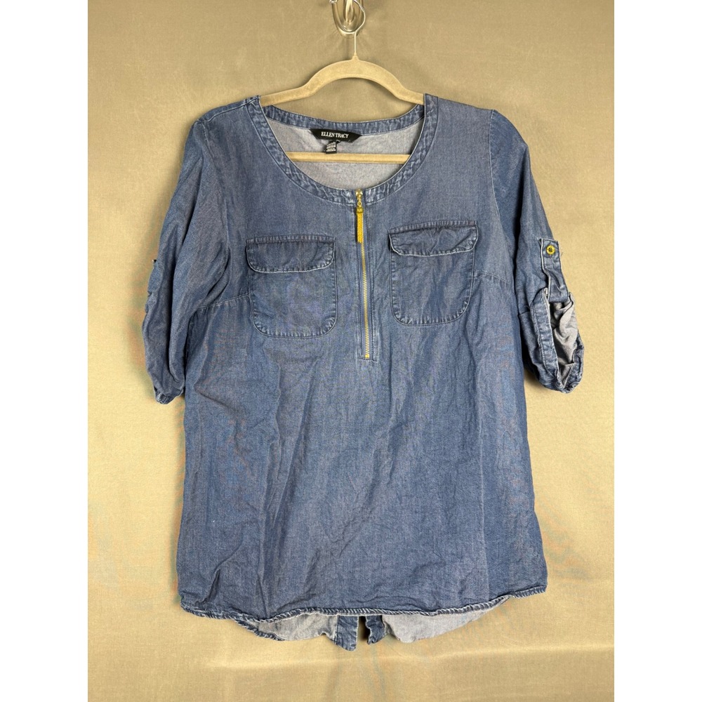 Ellen Tracy Blouse Women Size S Blue Tencel Lyocell Roll Tab Quarter Zip Utility